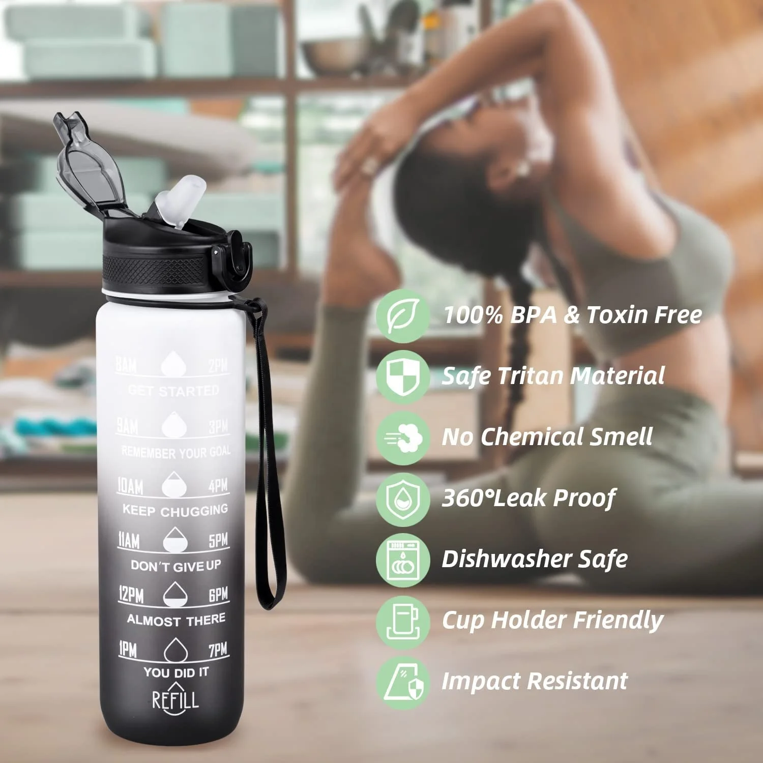 1Litre 2l Gradient Frosted Bottle Leakproof Sports Tritan Plastic Fitness Water Bottle Stay Hydrated With Motivational Times