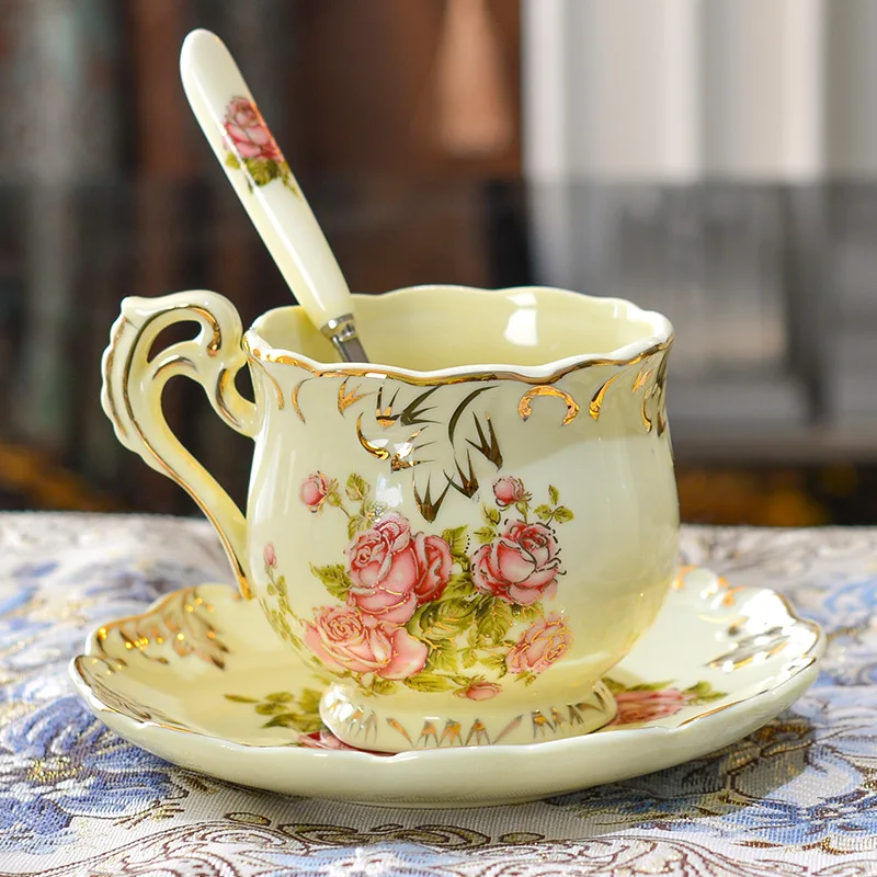 
British Royal Bone Rose / Peony Ceramic China Coffee Cups Set Lover Cups Porcelain Tea Cup and Saucer Gift 
