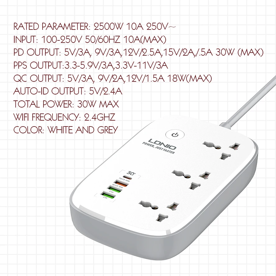 Умный удлинитель LDNIO SCW3451 Wi-Fi с функцией быстрой зарядки вилкой Uk/Us/Eu