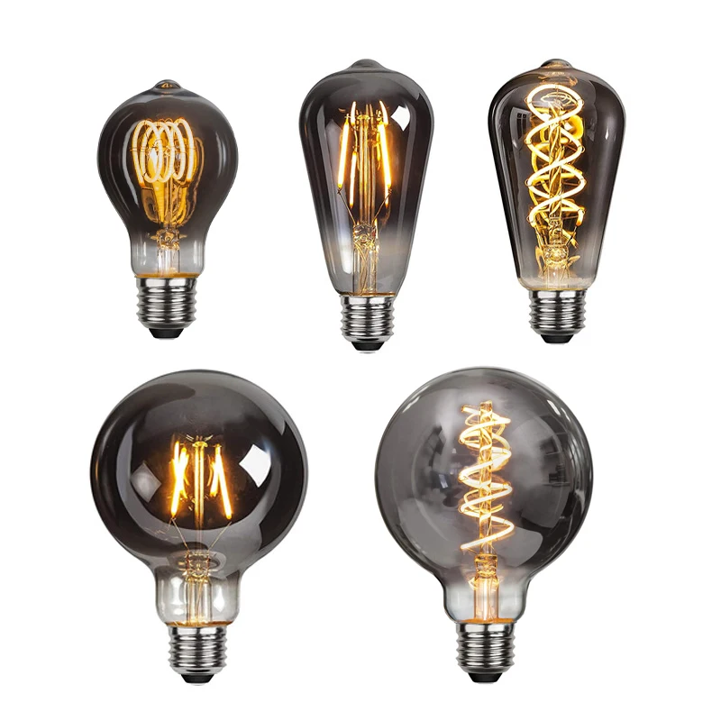 Retro Edison Bulb E27 LED Filament Smoke Gray No Strobe 2700K Warm White A60 G95 ST64 Vintage Lamp Decorative Lighting