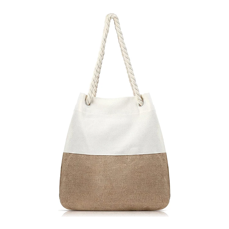 Hot Sale Large Capacity Beach Bag woven beach bag Canvas and Jute Tote Summer Shoulder Bag