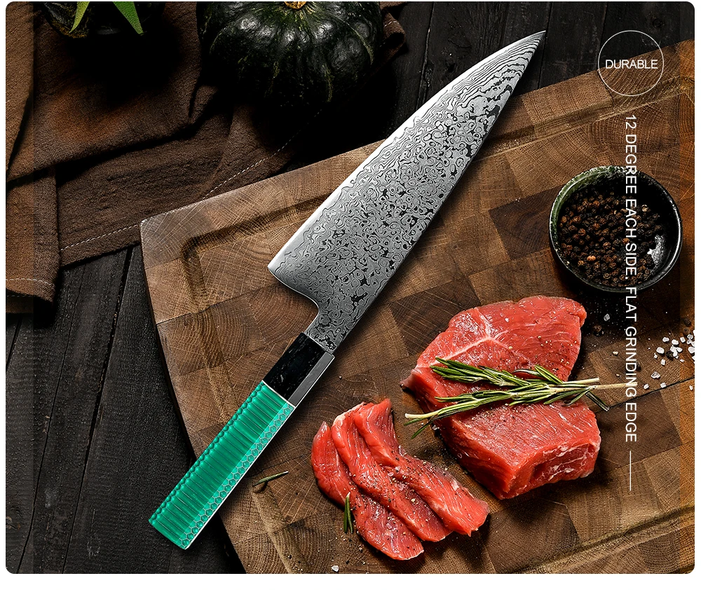 Japanese 67 Layers Damascus Steel Kitchen Knife Sets Chef Kiritsuke Utility Knife with Green Resin and Aluminum Comb Handle