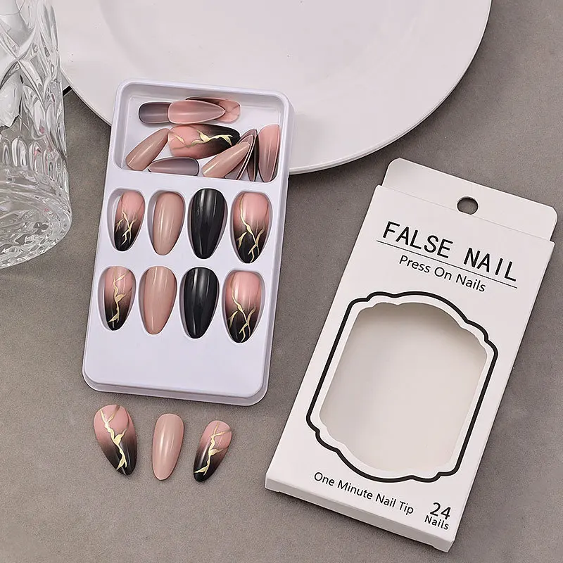 Almond Press on Nails Medium French Tips Fake Nails Matte Acrylic False Nails with Gold Foil Designs Full Cover Gradient Color