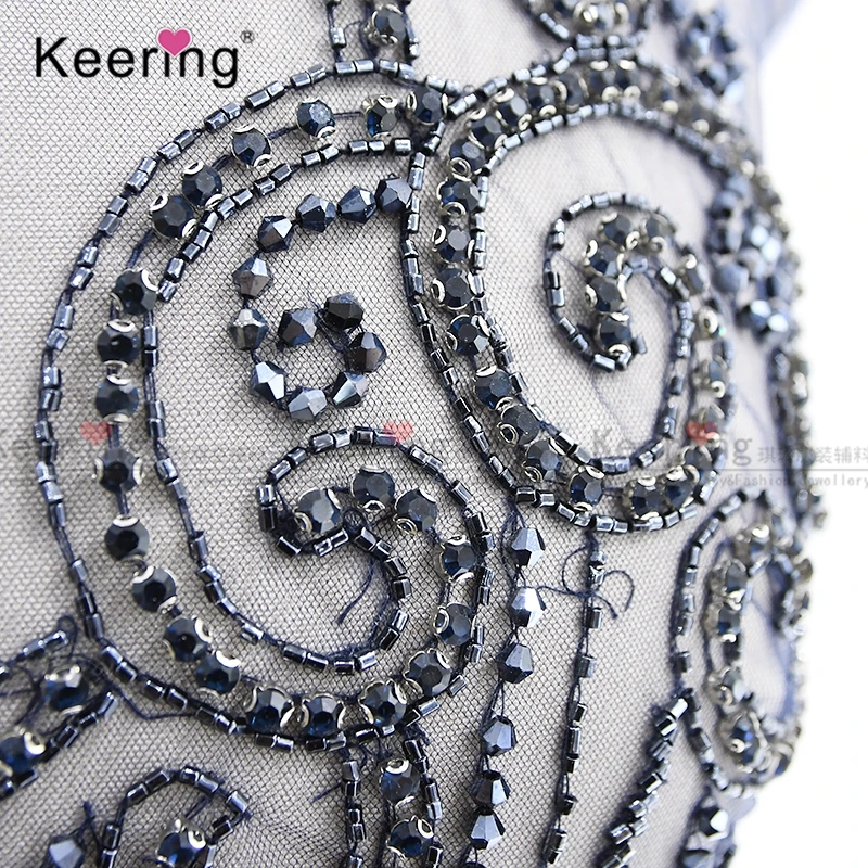Popular Keering Wholesale New Design WDP-253 Blue Evening Bridal Dress Crown 3D Beads Bodice Flatback Rhinestone Applique