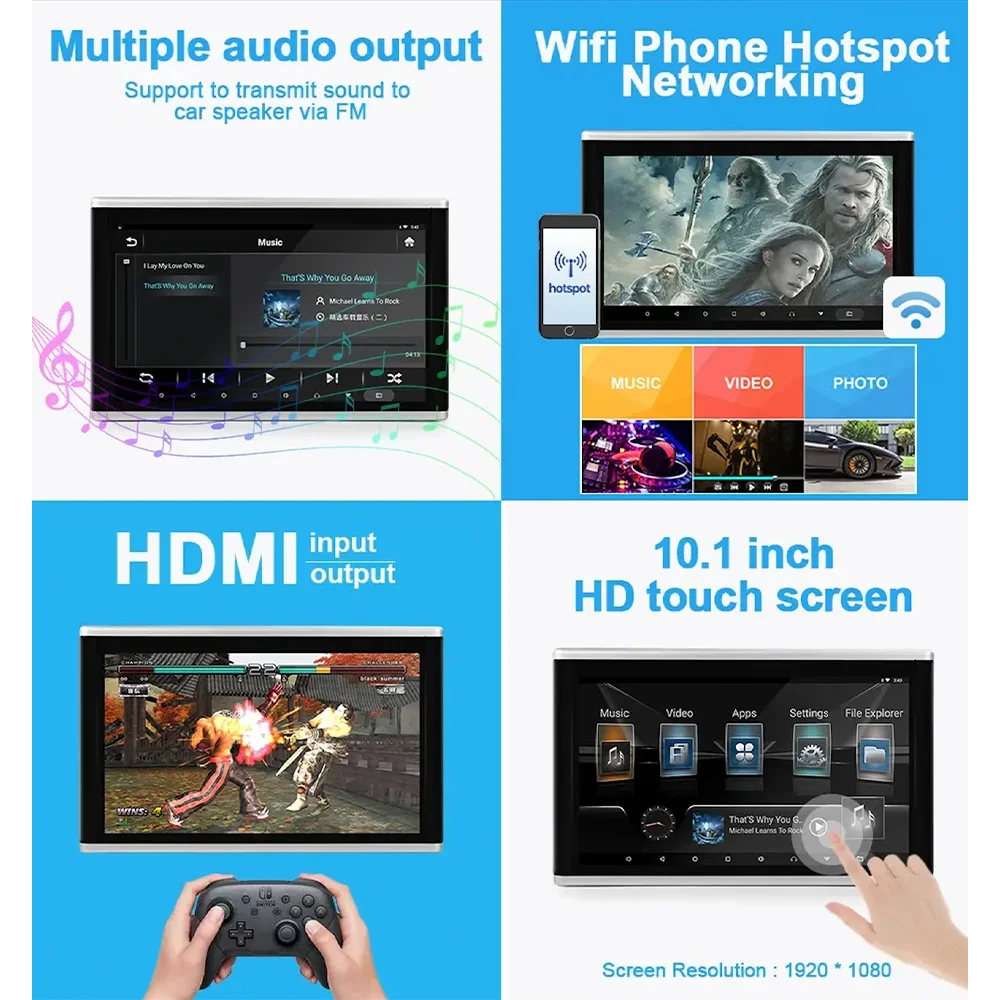 2024 New Arrival 4K Android WiFi Car Headrest Display Universal 10 Inch LCD Rear Entertainment Dashboard Monitor TV Combination