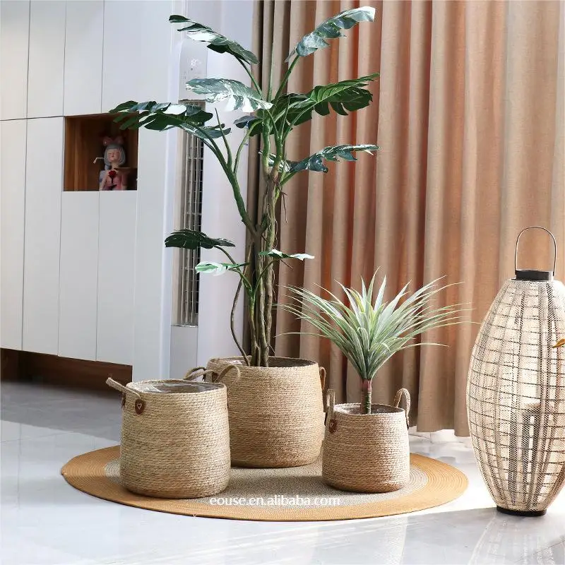 Natural Grass Straw Storage Basket with Handles Garden Flower Pot Hand Woven Plant Basket for Indoor Outdoor Planter