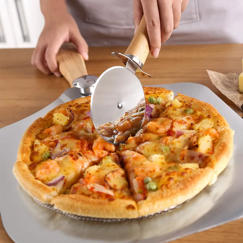 Manjia Stainless Steel Pizza Cutter Server Metal Pizza Turning Peel Set with Folding Wooden handle Accessories