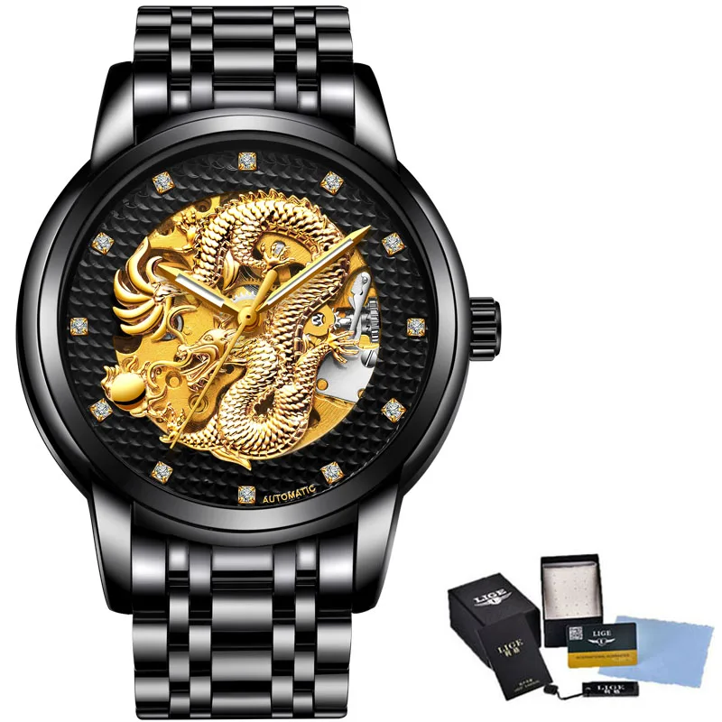 Dragon Skeleton Automatic Mechanical Watches For Men Wrist Watch Stainless Steel Strap Gold Clock 30m Waterproof Mens watch