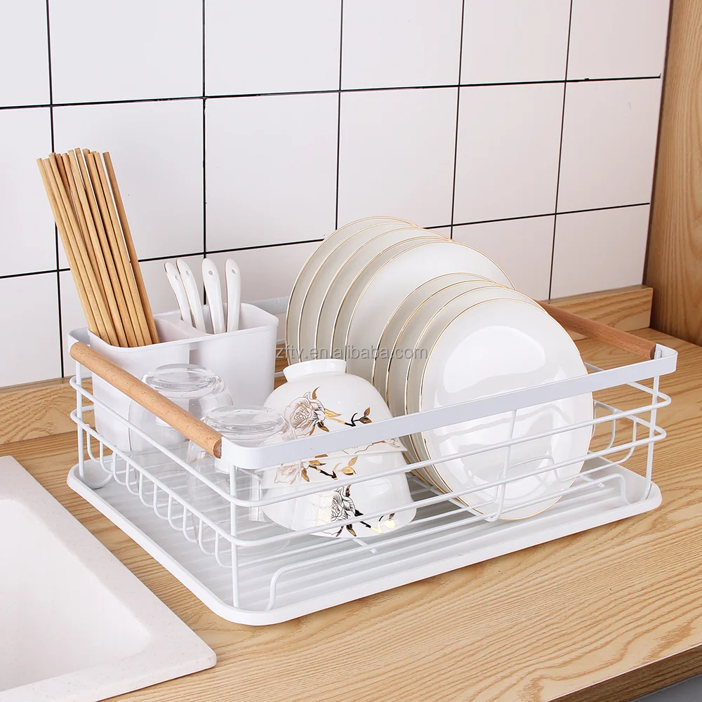 Kitchen Dish Drainer Drying Rack with Drip Tray and Full-Mesh Silverware Storage Basket, Black,White