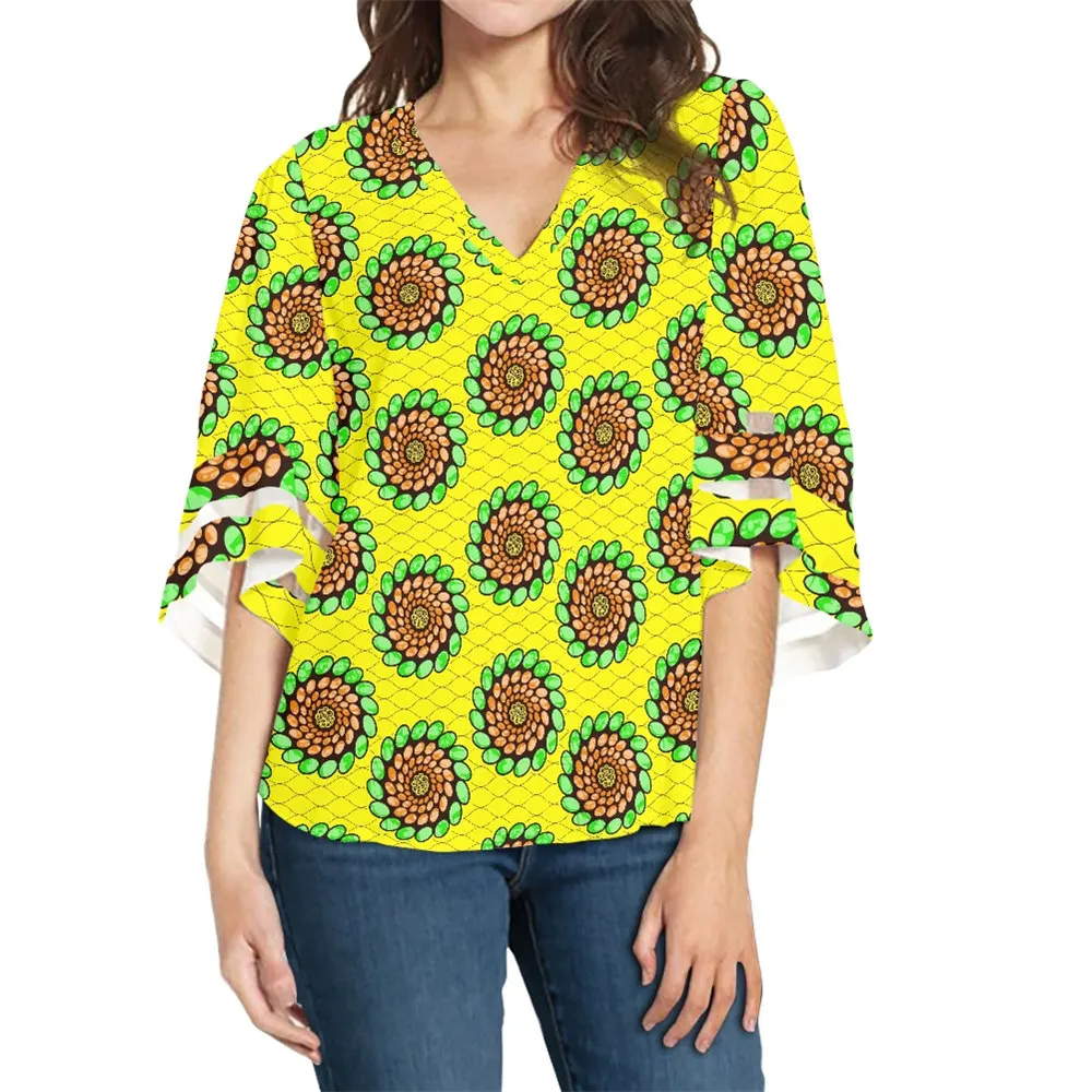 African Kitenge Designs Women T-shirt Yellow Textile Patterns Short Sleeve T shirt Women Summer V neck Blouses Print On Demand