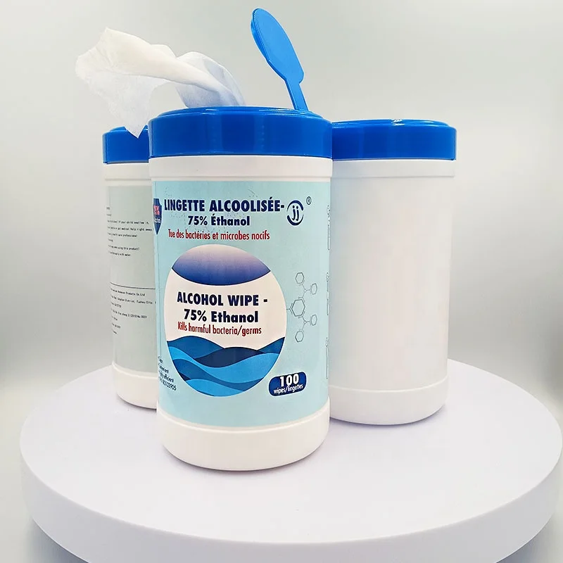 Private Label Low MOQ 75% Ethyl Alcohol Antiseptic Canister 100pcs Alcohol Wipes for Cleaning Wet Wipes