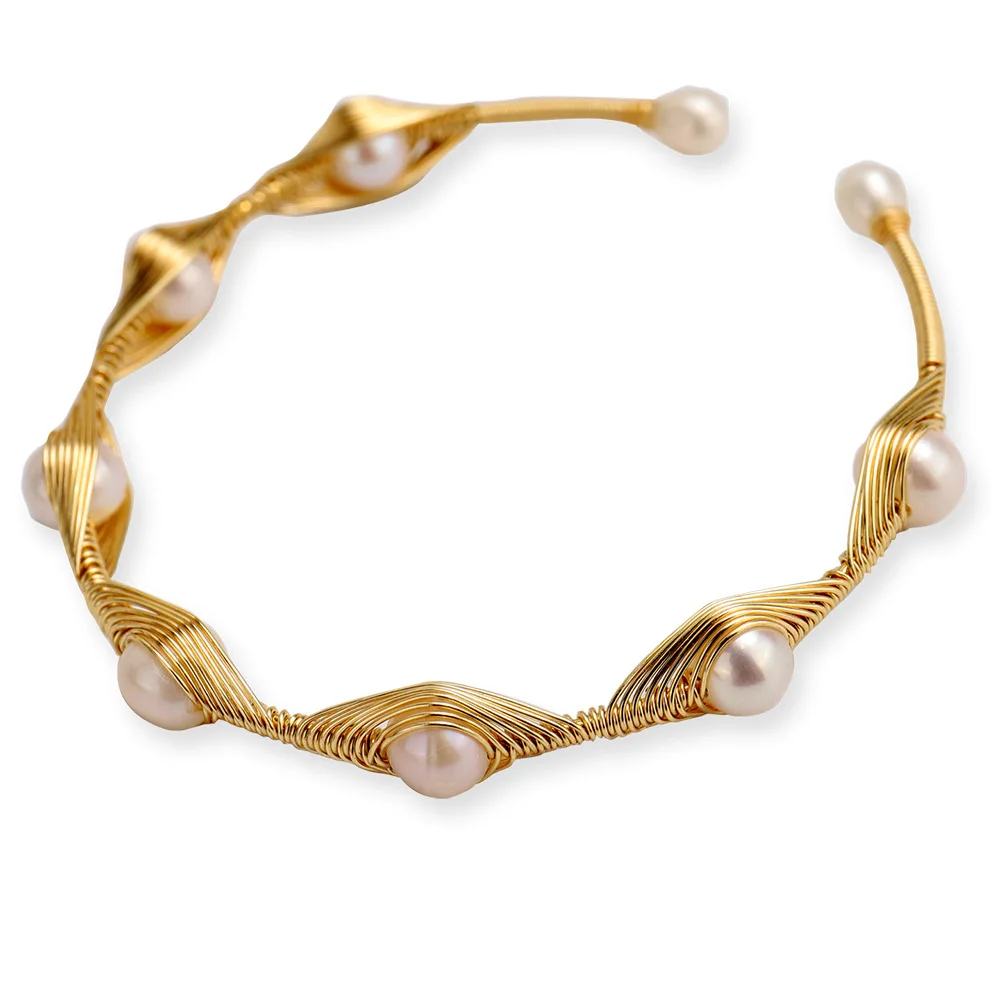 LS-E960 natural wire wrapped white pearl Bracelet with gold handmade beads Bangle woman fashion wedding Bracelet Jewelry Gift