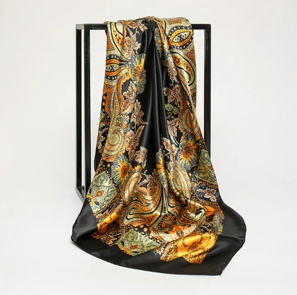 Custom Silk Scarf Vintage Design Polyester Hair Wrap Satin Printed Women Neck Scarf  90*90 Square Style  Handbag Scarf