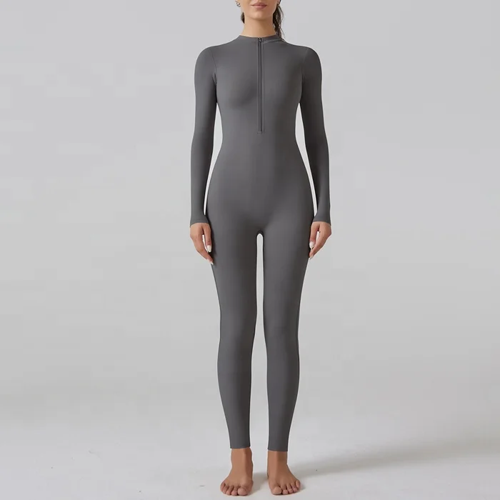 Women One Piece Yoga Gym Fitness Rompers Workout Jumpsuit femme Long Sleeve Zip Front Bodycon Clothes Sport Leggings Bodysuit