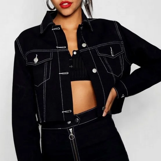 New fancy women chic wholesale cropped  black plain jean jackets