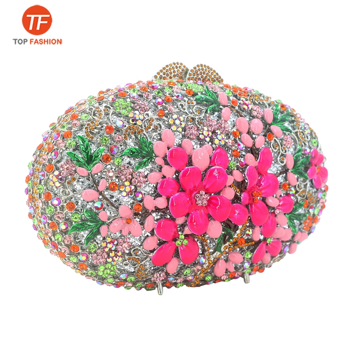 China Factory Wholesales Crystal Rhinestone Clutch Bag for Formal Party Diamante Enamel Flower Oval Minaudere Women Evening Bag