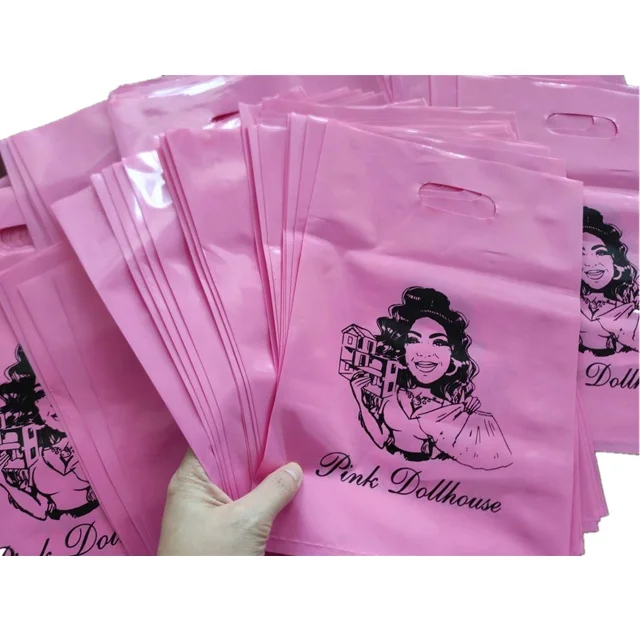 Custom Printing Logo Low MOQ Boutique Shopping Bag for Lip Gloss Eyelash Packaging Boxes D Cut Handle Plastic Bag