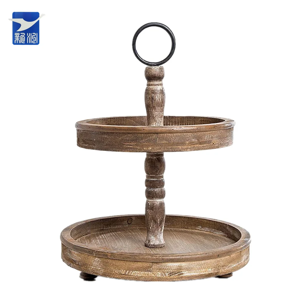 Display Cutlery Coffee Carry Wood Breakfast Storage Home Decoration Box Round Wooden 2-tier Tray