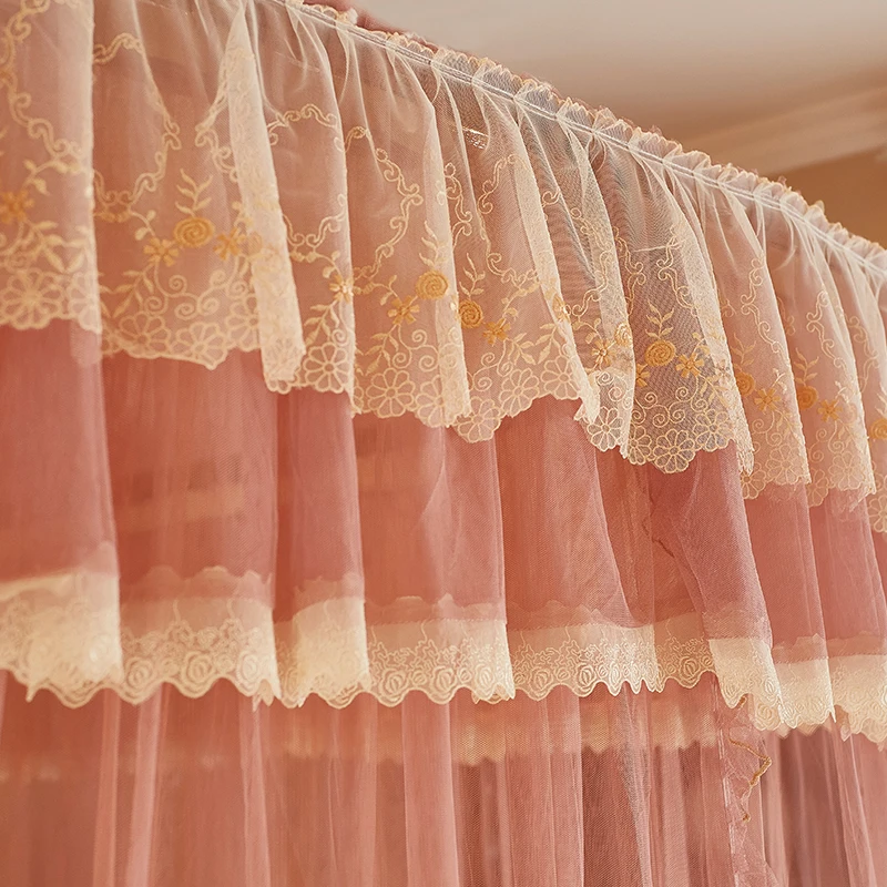Fashionable Double Bed Romantic Square Guide Rail Lace Embroidery Adult Baby Mosquito Net