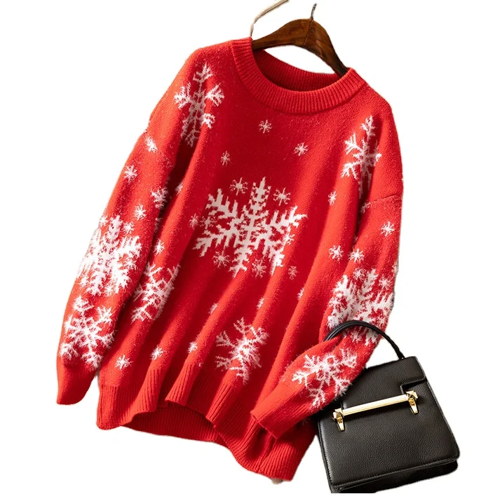 
Sweater factory Custom Winter Women Sweater 12gg woolen acrylic Plus Size snowflake jacquard knit red color Christmas Sweaters 