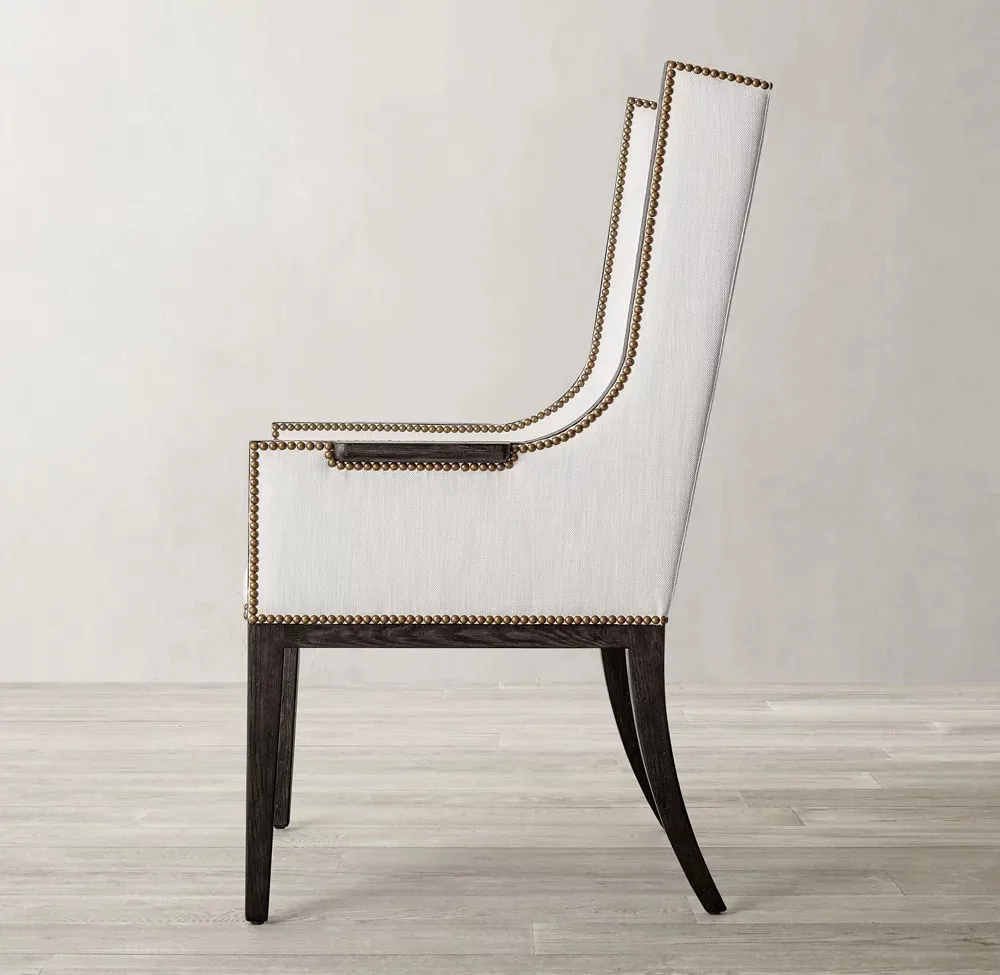 1950s Nailheads Deco High Back Upholstered Black Oak Dining Chair