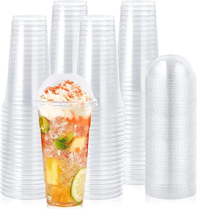 24oz Clear Plastic Cup For Iced Coffee Bubble Boba Milk Tea Smoothie With Flat Lid Dome Lids Custom Logo Disposable Plastic Cups
