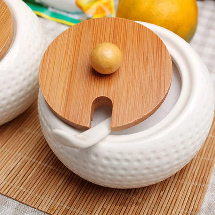  Wholesale Porcelain Condiment Jar Spice Container Sugar Pots with Bamboo