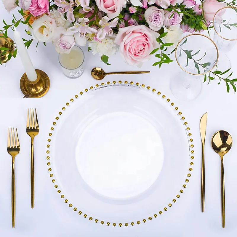 
 wholesale designer round clear silver rose gold rimmed plastic glass charger plates wedding decoration dinner plate chargers  