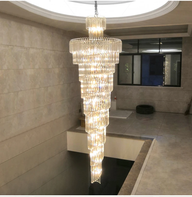 Classic gold modern hang lamp large luxury chandelier hotel villa big crystal light long spiral staircase chandelier