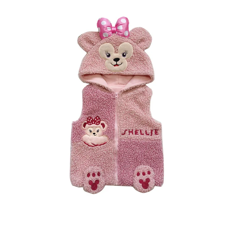 CT-038 Beautiful cartoon rabbit & bear print hooded faux fur vest for baby girls warm sleeveless winter waistcoat wholesale