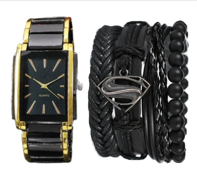 Fashion New Square Casual Wristwatch For Men Sports Personality Bracelet Set Quartz Watches Gift Set MW08