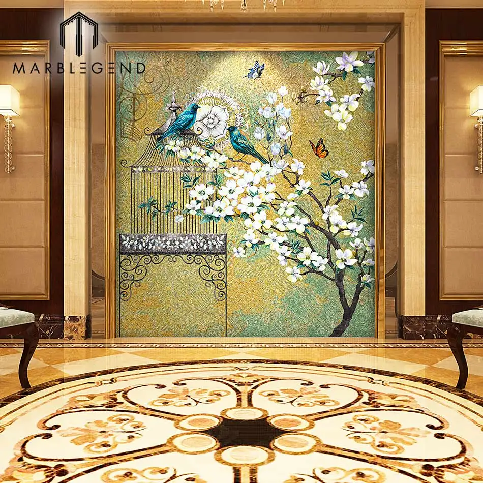 Custom bathroom wall pattern ice jade glass mosaic mural art flower mosaic wall