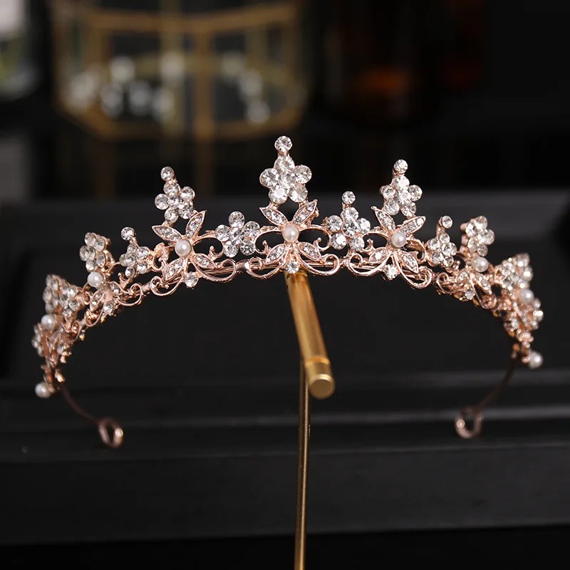 Wavy Rose Gold Color Alloy Crown With Pearls Rhinestone Flower Metal Tiaras Accessoire Femme Luxury Wedding Accessories For Brid