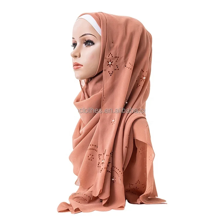 
New Chiffon Hijabs Women Carved Scarf Fashion Hollow out Muslim Pearl Headband Wholesale 