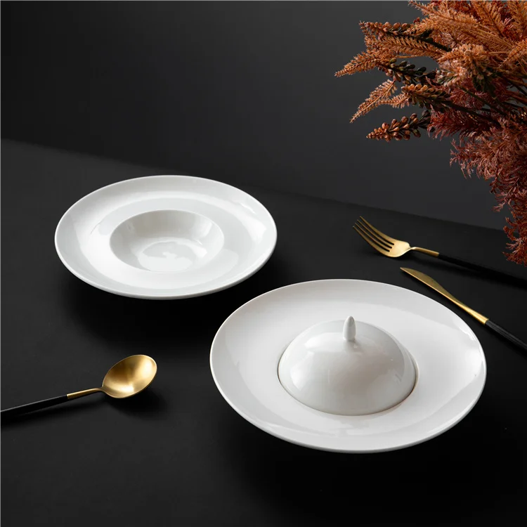 High Quality Hotel Restaurant Catering Tableware White Round Pasta Deep Porcelain Soup Plate with Cover