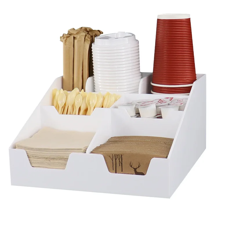 White acrylic coffee dispenser with 6 compartments for coffee condiment,cups,lids,sugar storage organizing rack