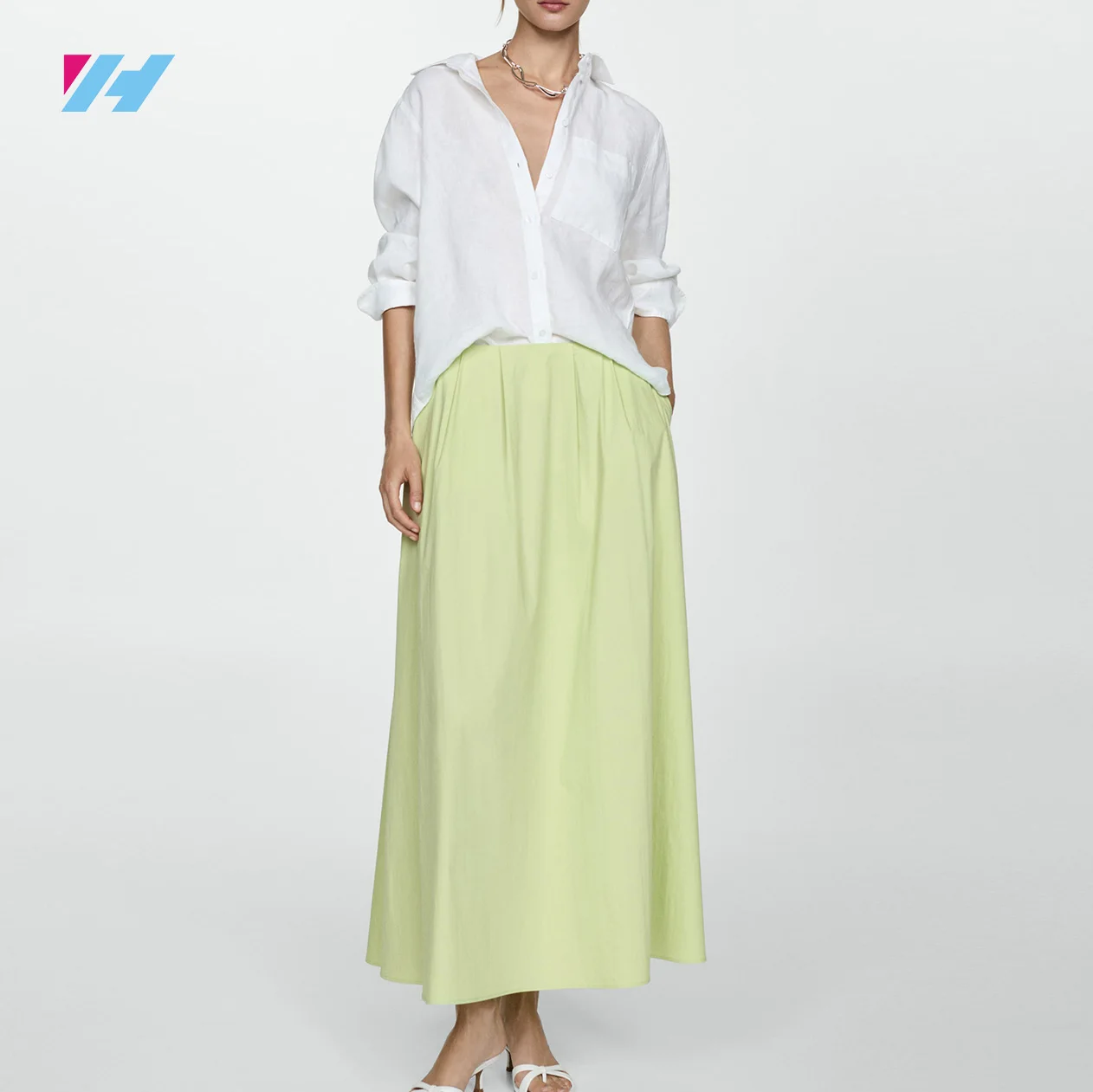 Custom Casual Green Pleated High Waist Long Flare Skirt For Women