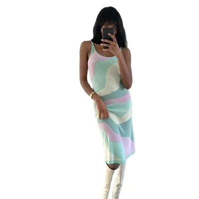 fashion casual sexy elegant streetwear patchwork camisole slim backless knitting hollow out women long dress