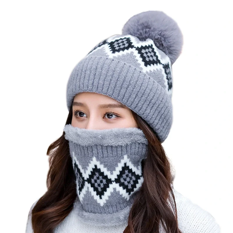 Winter Fleece Lining Pompom Beanie and Scarf Set for Teen Girls and Women gorro hat