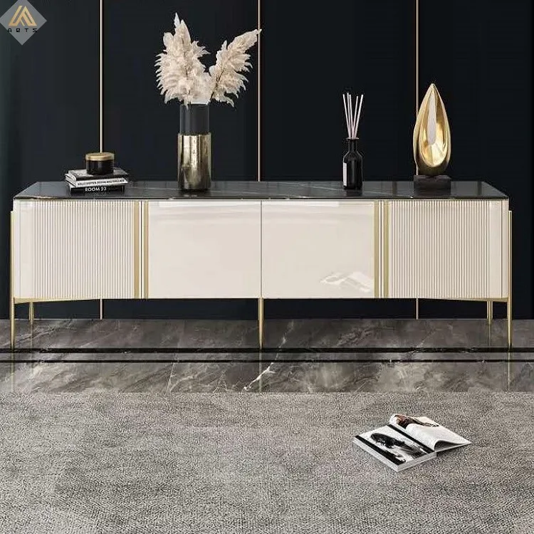 Foshan factory direct sale nordic designed  luxury  living room furniture  sintered stone stainless steel  leg TV stand