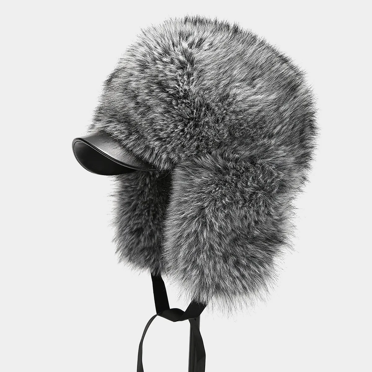 Winter Raccoon Fur Russian Trooper Hat Silver Fox Leather Brim Ushanka Hat Plush Knit  Hat for Men and Women