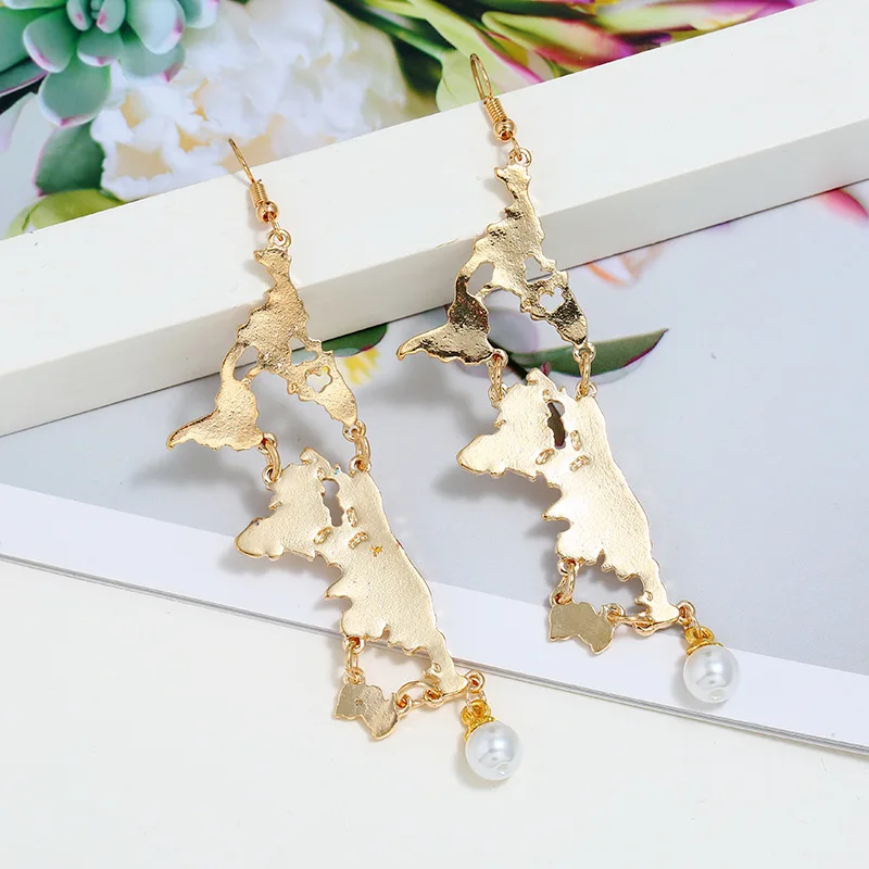 202014k gold jewelry wholesale alloy long drop pearl statement world map earrings for women