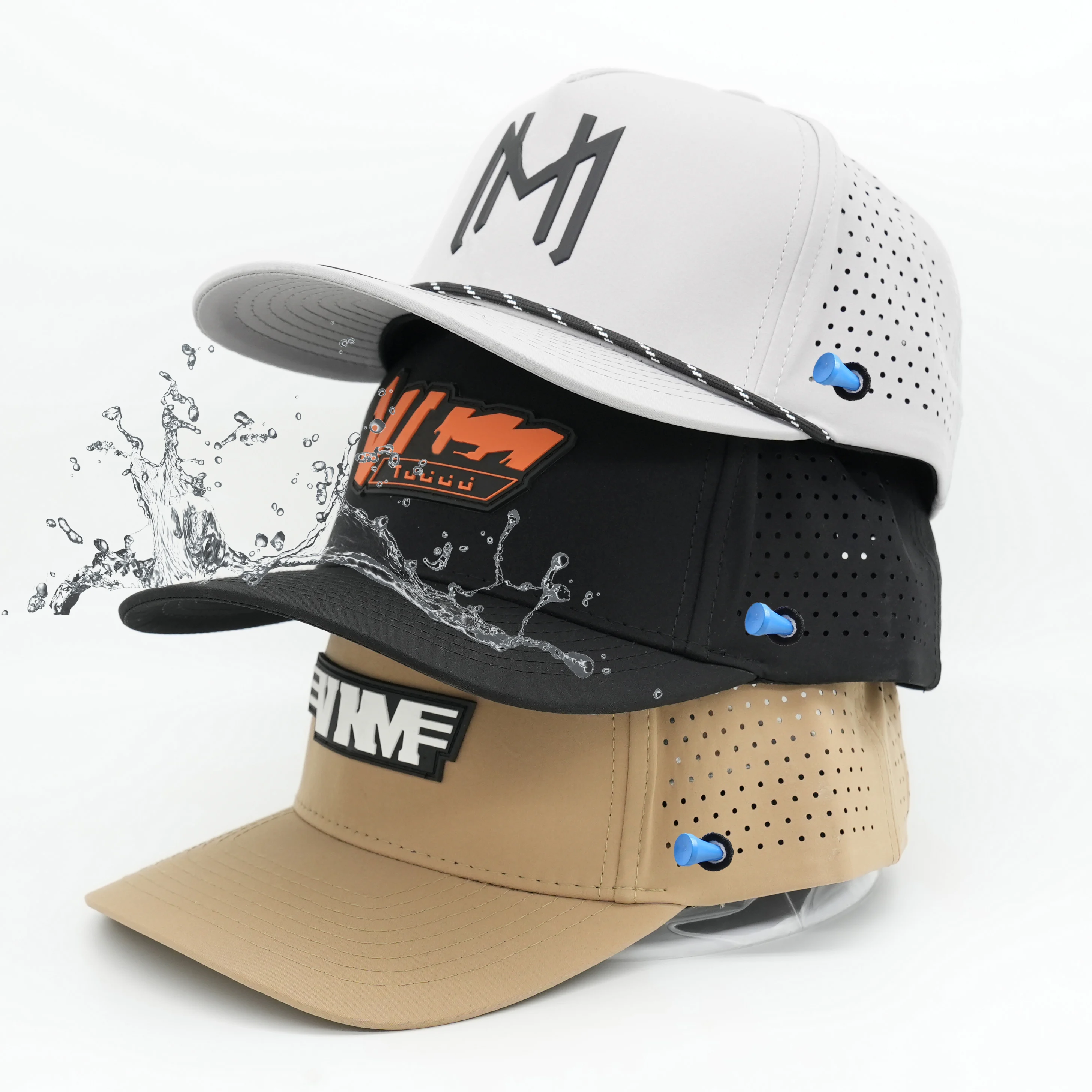 Custom Rubber Patch Logo 5 Panel Quick Dry Waterproof Laser Cut Hole Perforated Performance Gorras Golf Baseball Cap Hat for Men