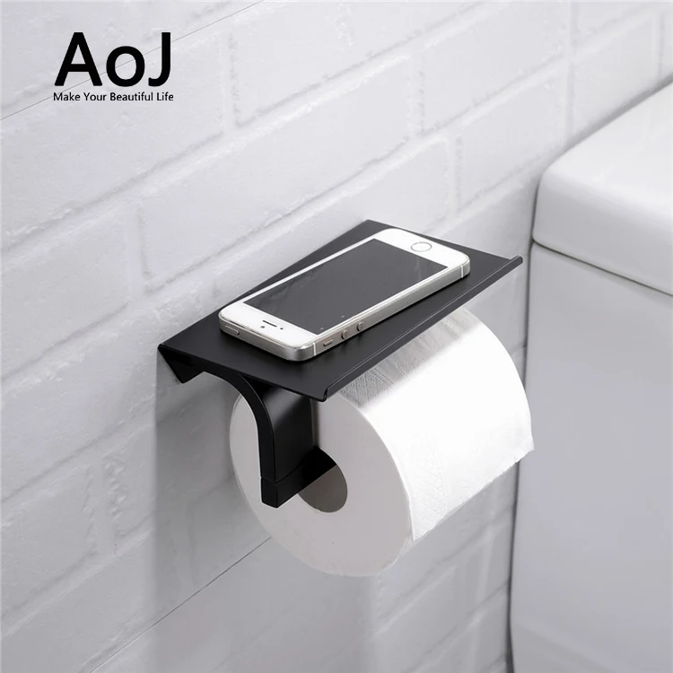 Wall mounted bathroom accessories set mobile phone shelf black toilet paper holder