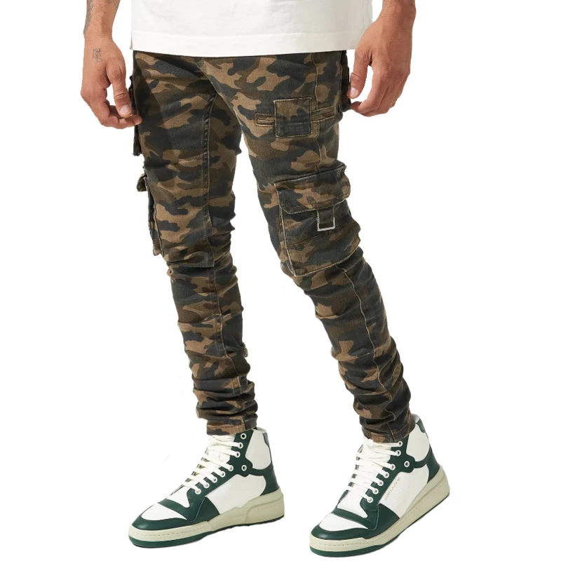 Fashion Jeans Men Zip Fly Skinny Fit Pants Camouflage Printed Cargo Pockets Denim Jeans
