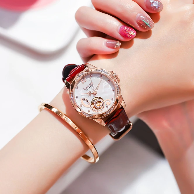 bestdon BD7183L Luxury Ladies MOP Dial Music Watch Women Genuine Leather Ceramic Band Automatic Watch
