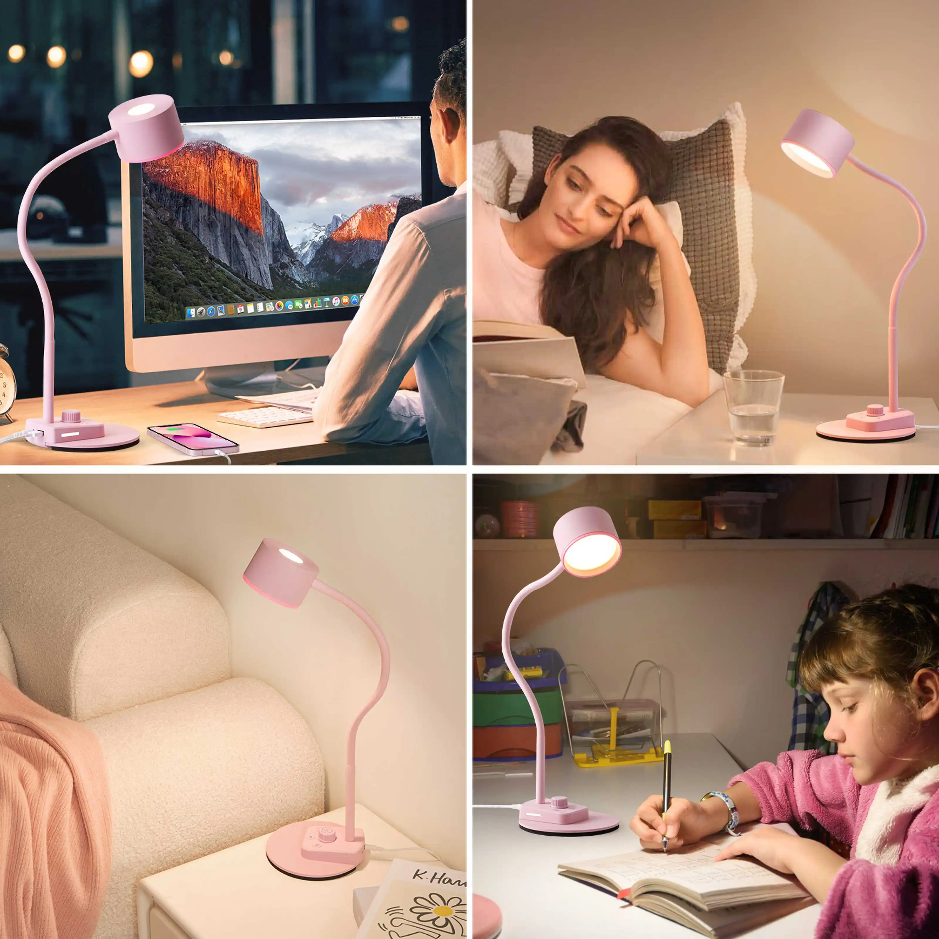 Modern LED Desk Lamp USB Charging Port Intelligent Auto Dimming Task Lamp Flexible Gooseneck Black Shade Bedside Office AC DC