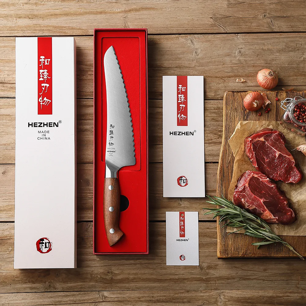 New Design Frozen Food Knife German Stainless Steel Meat Slicing Kitchen Knives Red Wood Handle Custom