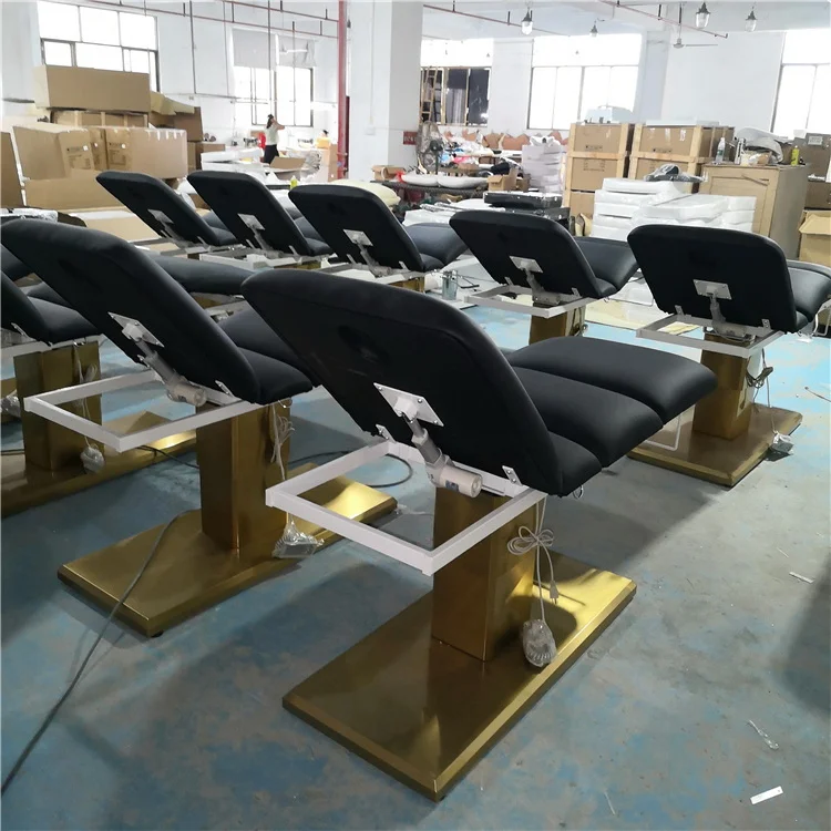 Kisen saloon equipments beauty salon furniture 3 motors massage spa tables hydraulic black electric facial bed with golden base