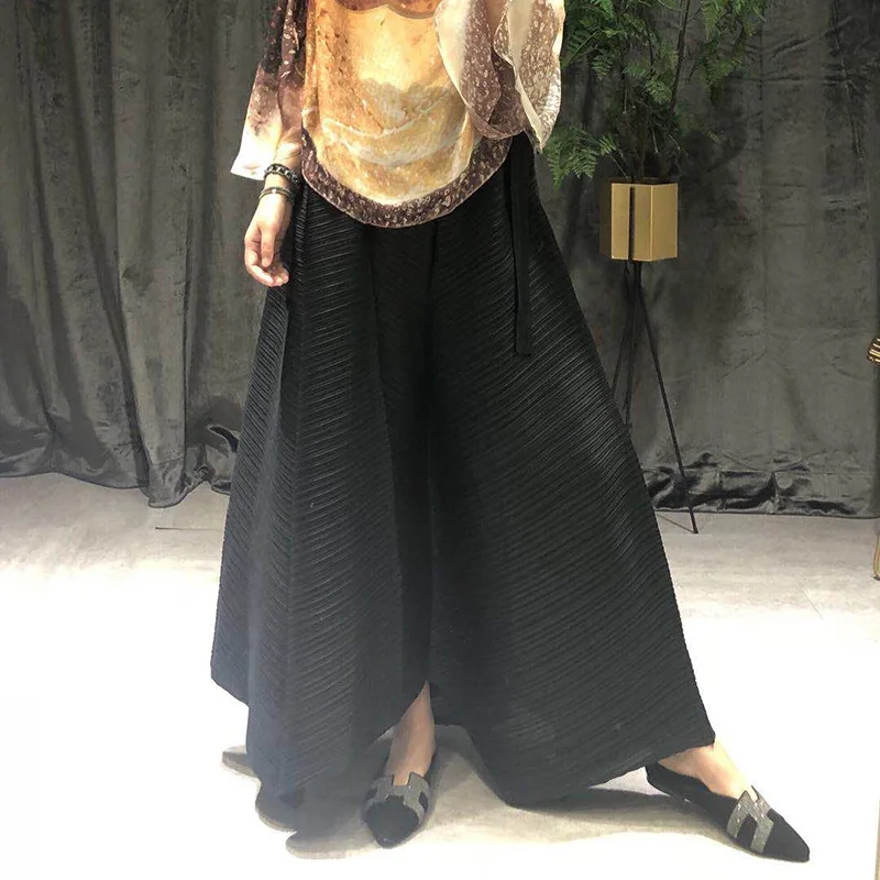 Plesfold Straight Pants Big Size Loose Waist Show Thin Pressed Pleated Wide-legged Trouser Woman